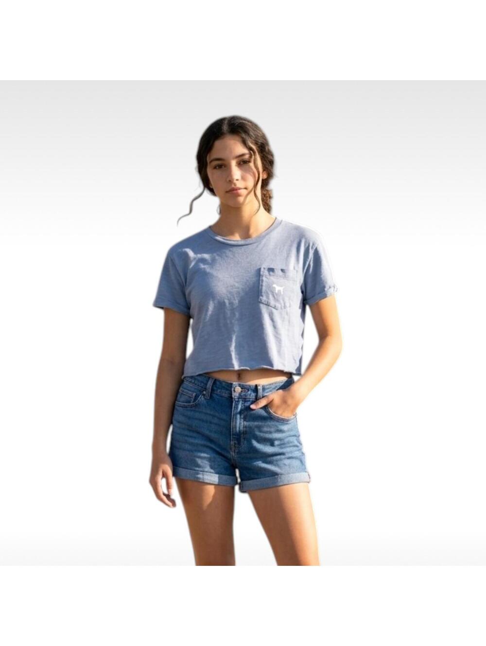 Victoria's Secret PINK Blue Short Sleeve Pocket Boxy Crop Top Size Small